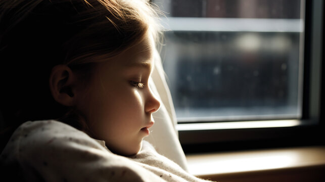 Thoughtful Young Girl Looking Out Window with Warm Sunlight on Face in Cozy Indoor Setting