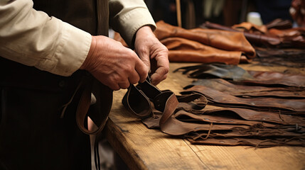 Close Up of Artisan Hands Crafting Leather Goods in Workshop