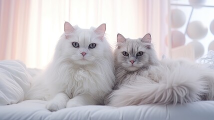 White cats lying on bed