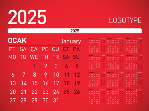 2025 Yili Türkce Takvim. Translation: Turkish Calendar 2025 Year.