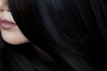 Close up of shiny long healthy black hair - obrazy, fototapety, plakaty