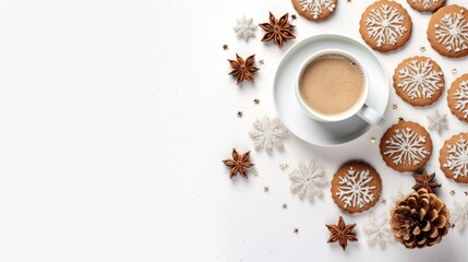 A flat lay of simple Christmas cookies and a cup of cocoa against a clean white backdrop  AI generated illustration