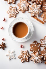 A flat lay of simple Christmas cookies and a cup of cocoa against a clean white backdrop AI generated illustration
