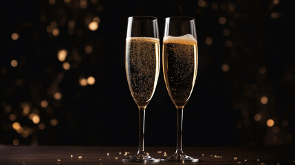 Elegant Sparkling Champagne Flutes Toast Celebration with Golden Bubbles and Bokeh Background