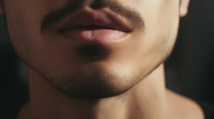 Obraz premium Close Up of Young Man's Lips and Stubble on Moody Black Background