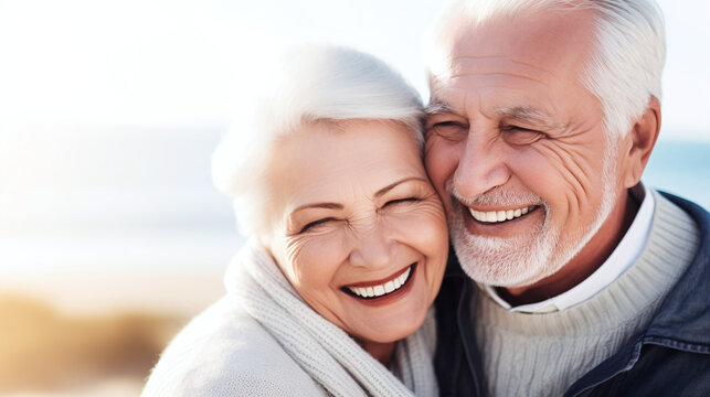 Happy Elderly Couple Embracing and Smiling Together in Sunlight on a Beach Background