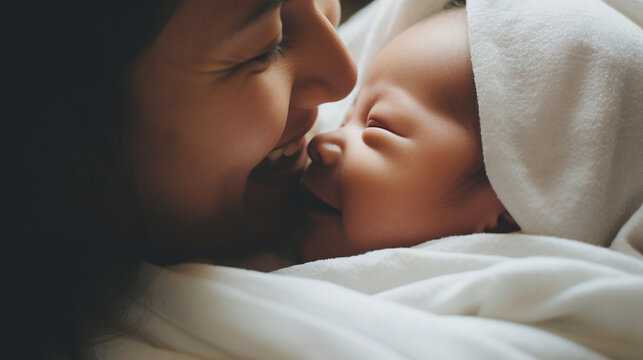 Mother Embracing Newborn Baby with Gentle Smile in Tender Moments 
