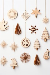 A flat layout of eco-friendly wooden Christmas ornaments against an off- white backdrop AI generated illustration