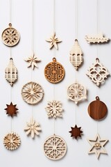 A flat layout of eco-friendly wooden Christmas ornaments against an off- white backdrop  AI generated illustration