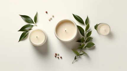 Obraz na płótnie Canvas A minimalist flat lay design of candles and holly plant for a Christmas product presentation AI generated illustration