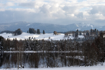 See inmitten von Bergen und Wälder, im Winter.