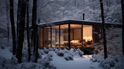 A secluded cabin surrounded by a snow-covered forest capturing the solitude and charm of winter in a minimalist woodland setting  AI generated illustration