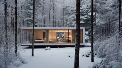 A secluded cabin surrounded by a snow-covered forest capturing the solitude and charm of winter in a minimalist woodland setting  AI generated illustration