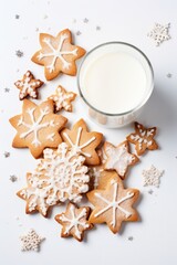 Fototapeta na wymiar A simple yet festive flat lay of Christmas cookies and milk against a textured white background AI generated illustration