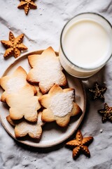 Fototapeta na wymiar A simple yet festive flat lay of Christmas cookies and milk against a textured white background AI generated illustration