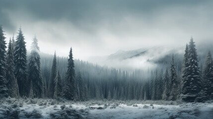 Fototapeta na wymiar A snowy evergreen forest under a cloudy sky capturing the simplicity and monochromatic beauty of winter landscapes AI generated illustration