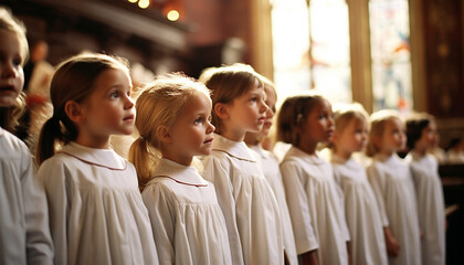 children's choir singing in church, wearing traditional choir clothes. Kids singing in catholic church with sunlight through window - obrazy, fototapety, plakaty