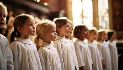Deurstickers children's choir singing in church, wearing traditional choir clothes. Kids singing in catholic church with sunlight through window © annebel146