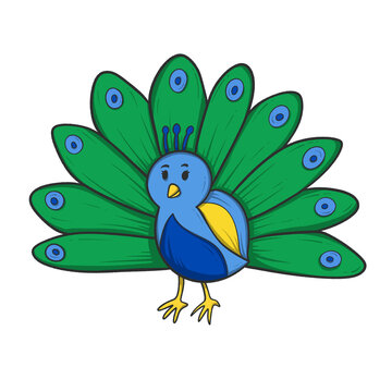 cute cartoon peacock with colorful feathers spread out in a fan shape