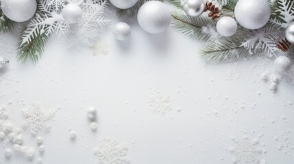 A snowy white flat lay with delicate Christmas tree branches and ornaments AI generated illustration