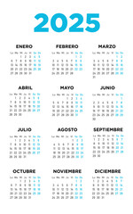 calendario 2025 en español, semana comienza el lunes. Sábados y domingos.	
