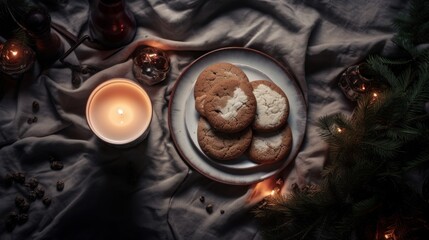 A soothing minimalistic flat lay of baked cookies and warm milk for Christmas night  AI generated illustration