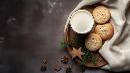 Obraz na płótnie Canvas A soothing minimalistic flat lay of baked cookies and warm milk for Christmas night AI generated illustration
