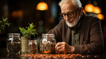 Elderly man counting coins in glass jar. Retirement savings concept. - obrazy, fototapety, plakaty