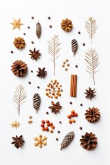 Christmas card elements arranged in a minimalist flat lay composition on white background  AI generated illustration