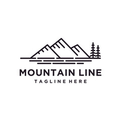 Mountain Line Art Logo Design Template. Mountain with pinus tree forest vintage retro