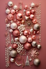 Christmas flat lay with decorative ornaments arranged on a sparkly background  AI generated illustration
