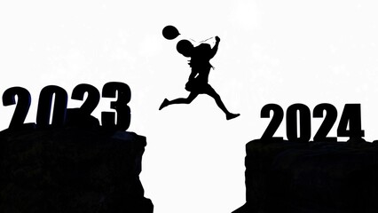 Silhouette Little girl jumping on cliff 2024 over the precipice with stones. New Year's concept....