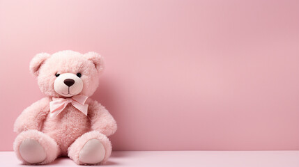 Bear peluche on pale pink background with copy space