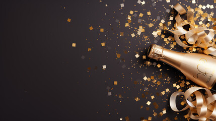 Top view golden champagne bottle, confetti stars and party streamers, Celebration background