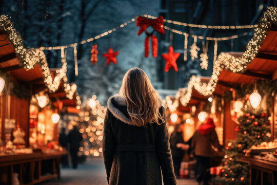 Woman is seen walking down street with beautiful Christmas lights in background. This image can be used to capture festive spirit during holiday season.