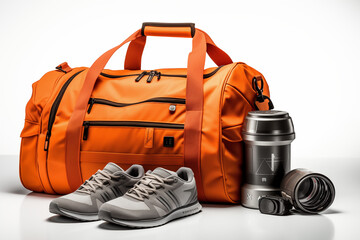 orange gym bag with sports stuff on a white background - obrazy, fototapety, plakaty
