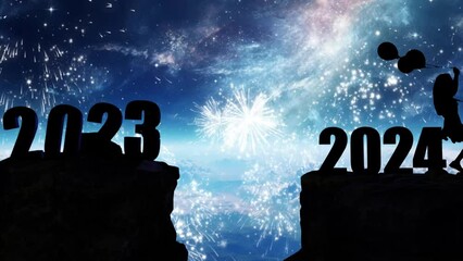 Little girl jumping on cliff 2024 over the precipice with stones at against the backdrop of fireworks. New Year's concept. Welcome 2024. People enters the year 2024, creative idea.
