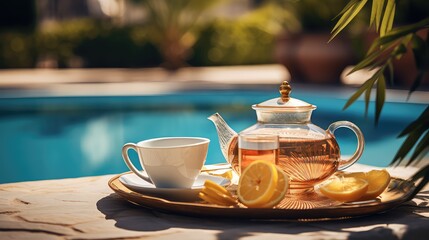 Fototapeta premium travel summer tea drink poolside illustration table luxury, vacation resort, food coffee travel summer tea drink poolside