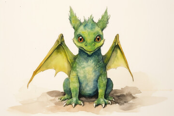 Fototapeta premium Painting of green dragon sitting on ground. Can be used for fantasy-themed projects or as visual representation of strength and power.