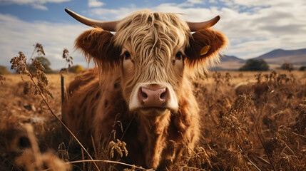 retro style photo shot of a brown cow on the farm analog film with nostalgia vibes in serene shades