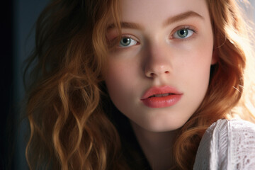 Naklejka premium Close up shot of woman with long red hair. This image can be used in various contexts, such as beauty, fashion, or lifestyle themes.