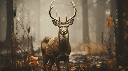 retro style photo shot of a deer in the forest analog film with nostalgia vibes in serene shades