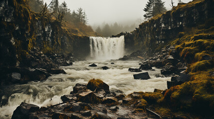 retro style photo shot of a waterfall in the woods analog film with nostalgia vibes in serene shades