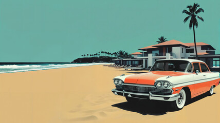 Fototapeta na wymiar car on the beach, vintage, negative space, simple