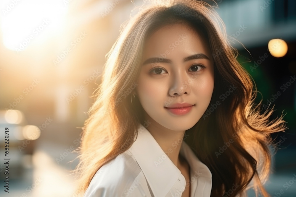 Wall mural Woman with long hair wearing white shirt. This versatile image can be used for various purposes.