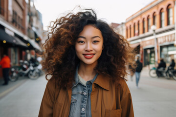 Fototapeta premium Woman with curly hair stands confidently on bustling city street. This image can be used to represent urban lifestyle, fashion, or city exploration.