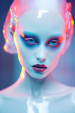 tête d'humanoïde cyborg sous lumière violette et rose