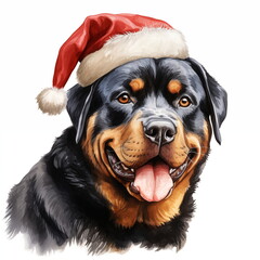 Watercolor painting of an adorable Rottweiler breed dog wearing a red Santa Claus hat on a white background. Perfect for making Christmas cards for dog lovers. Christmas illustration.