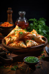 Bread samosas surrounded by its ingredients on wooden table