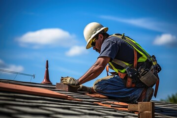 A roofer at work on a construction site. - obrazy, fototapety, plakaty